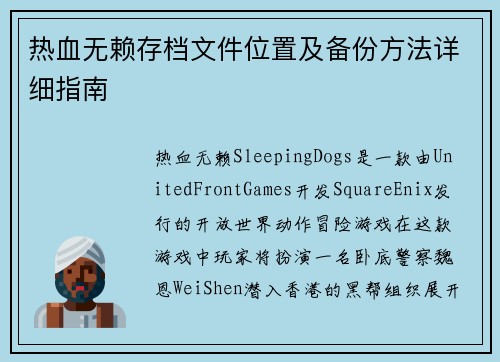 热血无赖存档文件位置及备份方法详细指南